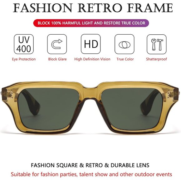 Retro Rectangle Olive Green Sunglasses Men Women Fashion Square Frame Shades - Picture 3 of 6